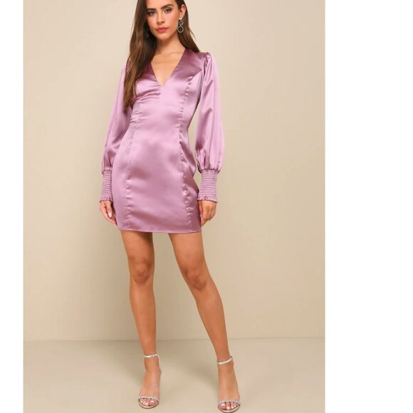 Lulus Sleek Beauty Mauve Purple Satin Smocked Long Sleeve Mini Dress Small NWOT - Picture 2 of 5